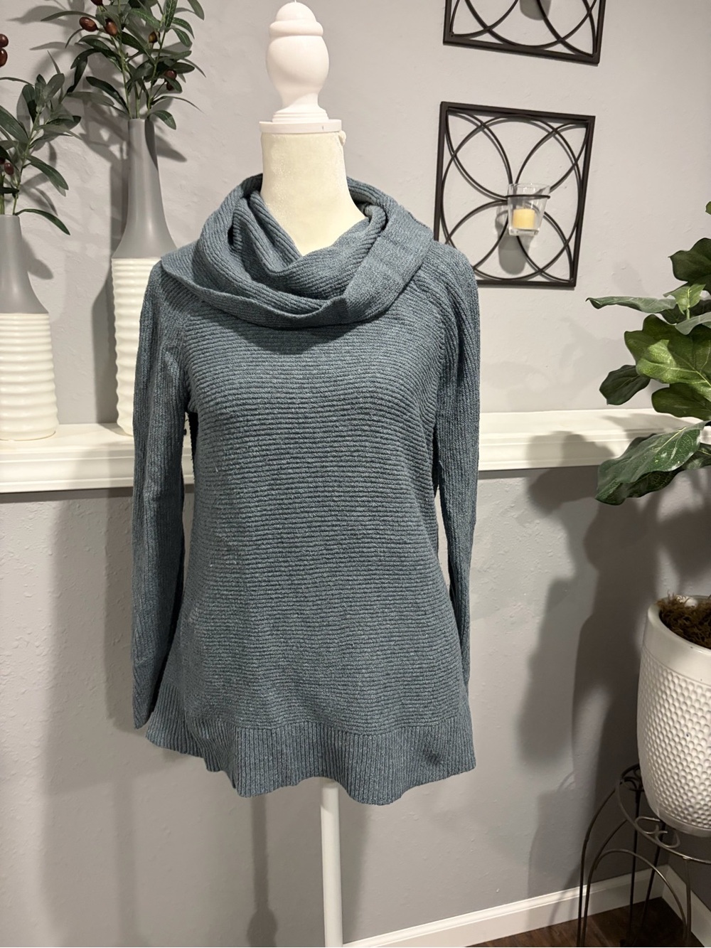 LOFT Ribbed Cowl Neck Sweater in Slate Blue-Green